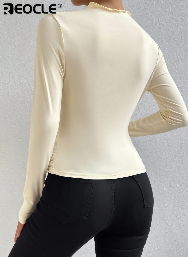 REOCLE Women's Cotton Long Sleeve T-shirt with Mock Neck and Ruched Detail Slim Fit Sweate Top with Breathable Comfort for Casual Daily Wear - Image 5