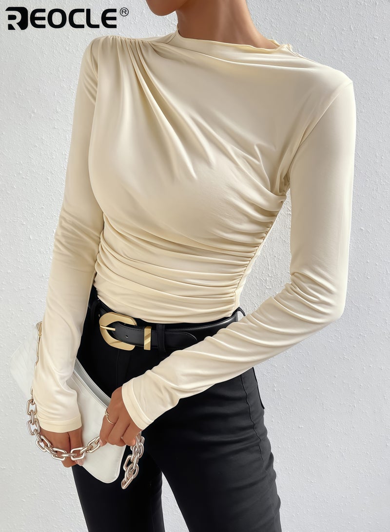 REOCLE Women's Cotton Long Sleeve T-shirt with Mock Neck and Ruched Detail Slim Fit Sweate Top with Breathable Comfort for Casual Daily Wear - Image 2