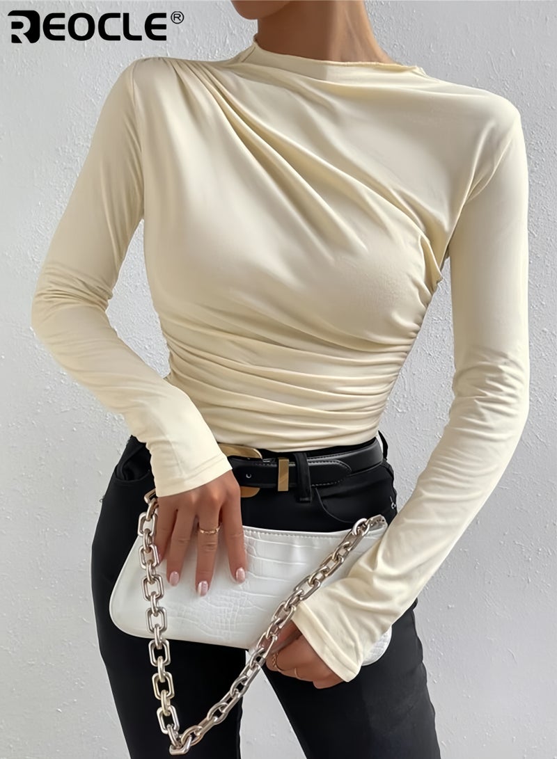 REOCLE Women's Cotton Long Sleeve T-shirt with Mock Neck and Ruched Detail Slim Fit Sweate Top with Breathable Comfort for Casual Daily Wear - Image 1
