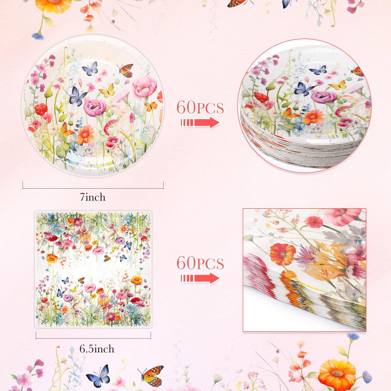 Zhehao 120 Pcs Disposable Paper Plates and Napkins Bulk Birthday Party Decorations Party Supplies(Pink  Yellow  Green Wildflower) - Image 1