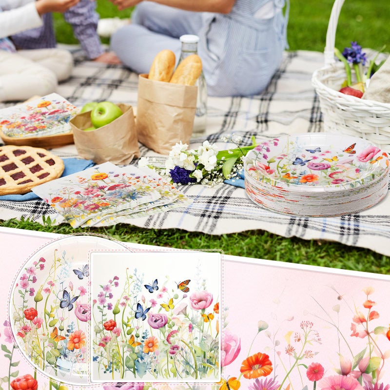 Zhehao 120 Pcs Disposable Paper Plates and Napkins Bulk Birthday Party Decorations Party Supplies(Pink  Yellow  Green Wildflower) - Image 4