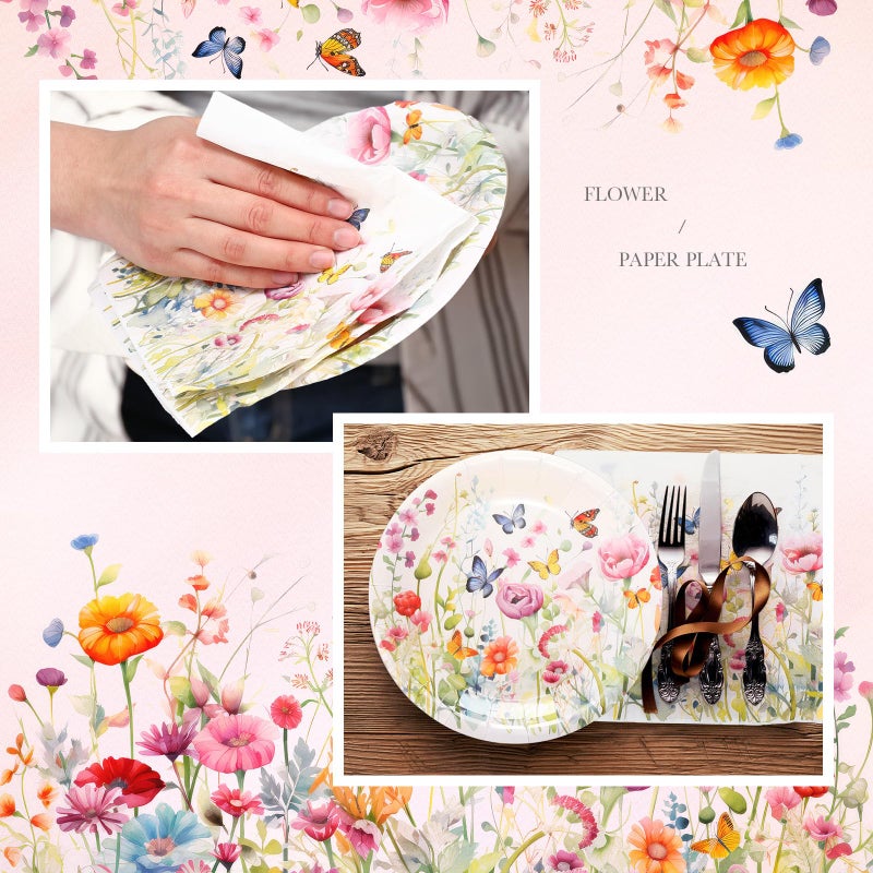 Zhehao 120 Pcs Disposable Paper Plates and Napkins Bulk Birthday Party Decorations Party Supplies(Pink  Yellow  Green Wildflower) - Image 3