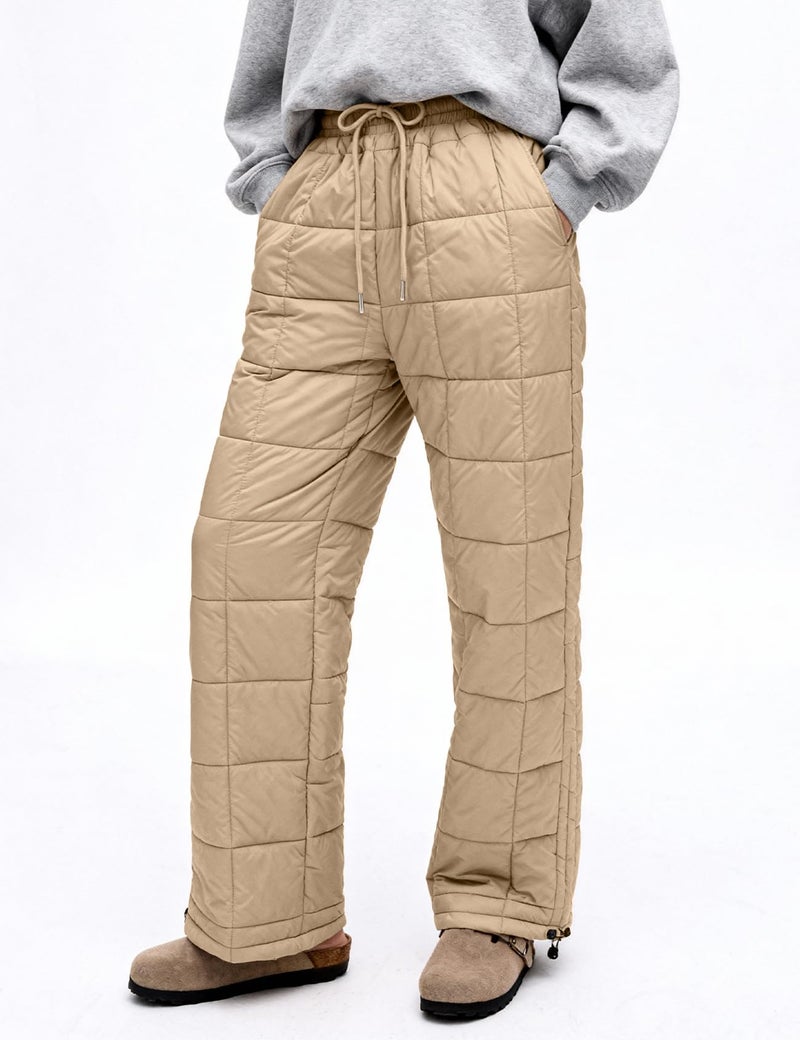 PEHMEA Womens Winter Snow Pants, Windproof Padded Drawstring Warm Loose Wide-Leg Outdoor Ski Casual Trousers(LightKhaki-M) - Image 2