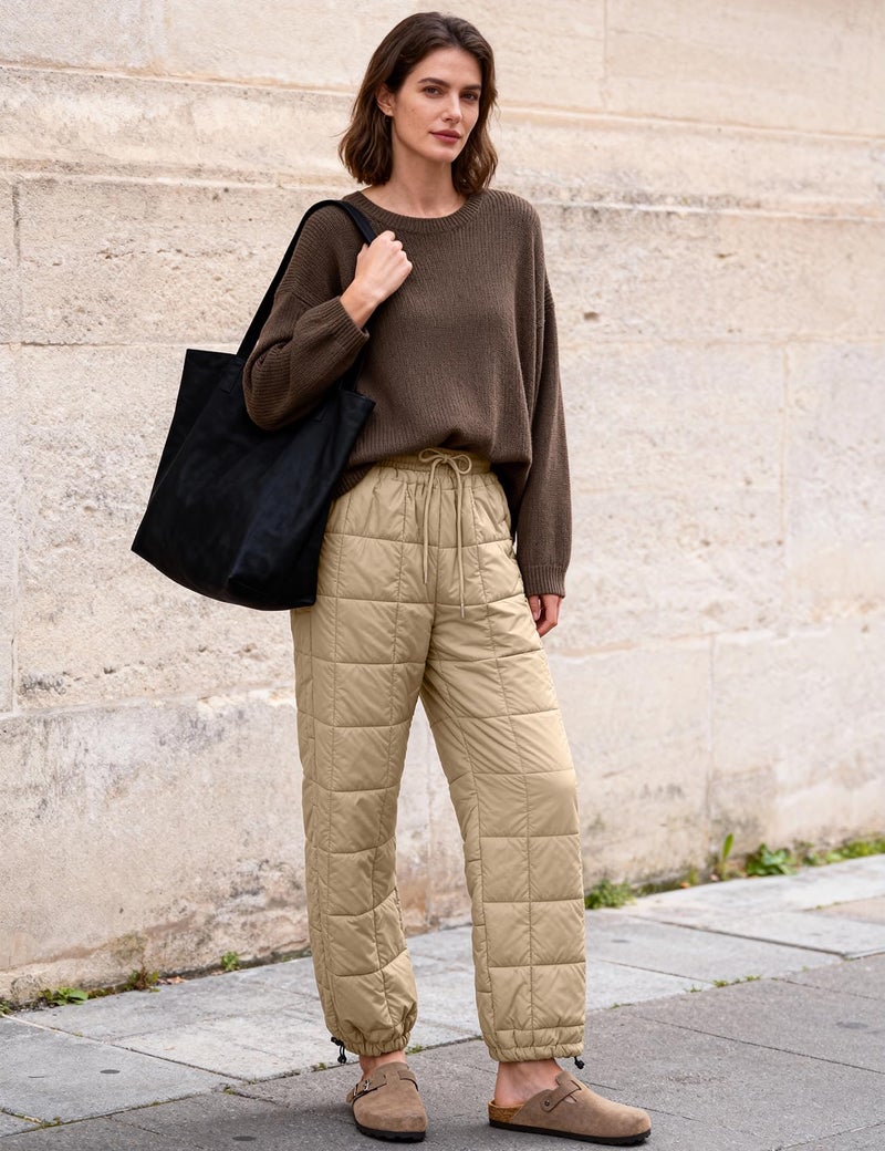 PEHMEA Womens Winter Snow Pants, Windproof Padded Drawstring Warm Loose Wide-Leg Outdoor Ski Casual Trousers(LightKhaki-M) - Image 3