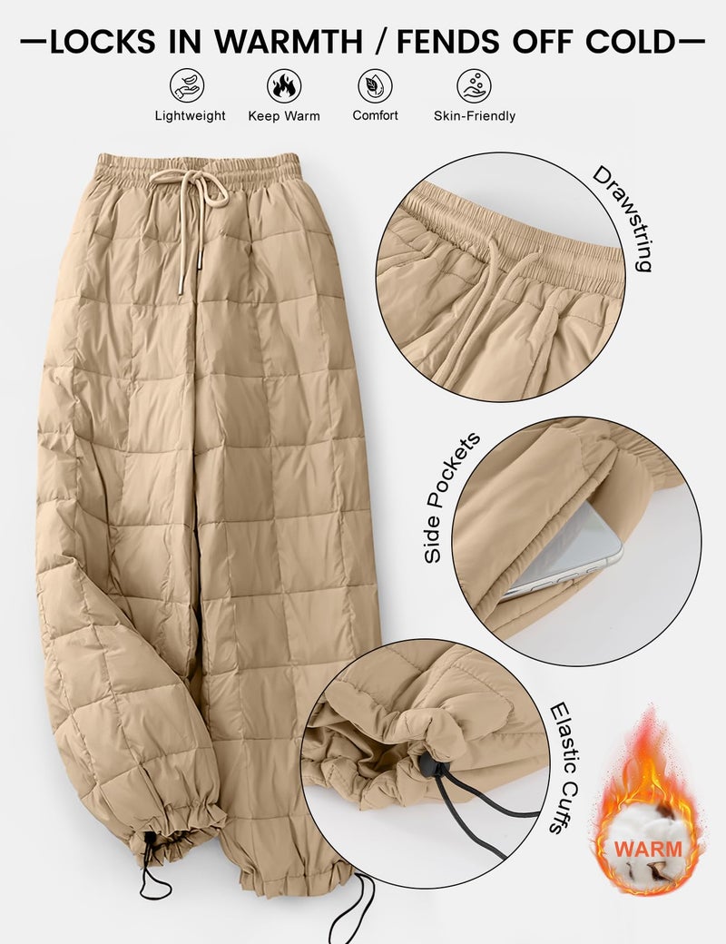 PEHMEA Womens Winter Snow Pants, Windproof Padded Drawstring Warm Loose Wide-Leg Outdoor Ski Casual Trousers(LightKhaki-M) - Image 5