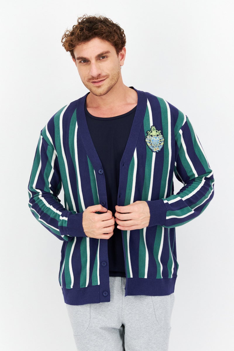 FILA سترة كارديغان رجالية رياضية بقصة مريحة، عنق على شكل V طويلة، خارجية، أخضر/كحلي - Image 1