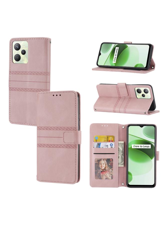 اس-توب جراب هاتف OPPO Realme C35 من الجلد مع مشبك مغناطيسي منقوش ومخطط أفقيًا - Image 1