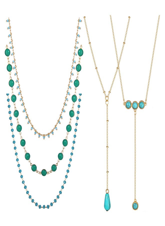 BVGA 5Pcs Dainty Gold Turquoise Necklaces for Women Boho Beaded Handmade Layered Chain Choker Necklace Set Jewelry Gifts - Image 1