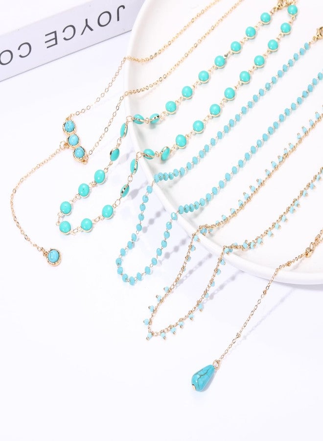 BVGA 5Pcs Dainty Gold Turquoise Necklaces for Women Boho Beaded Handmade Layered Chain Choker Necklace Set Jewelry Gifts - Image 2
