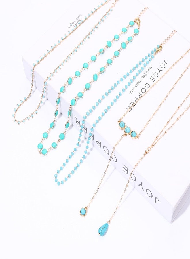 BVGA 5Pcs Dainty Gold Turquoise Necklaces for Women Boho Beaded Handmade Layered Chain Choker Necklace Set Jewelry Gifts - Image 5
