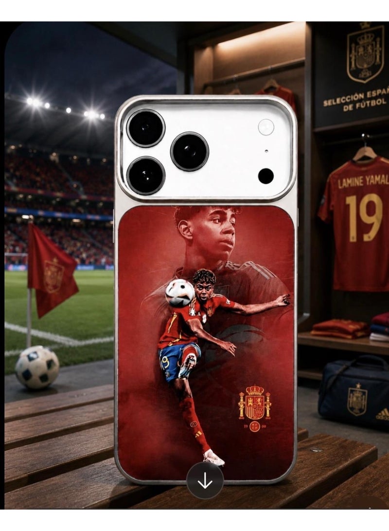 جريس غطاء خلفي بتصميم كرة القدم لهاتف آيفون 17 برو ماكس - غطاء هاتف بتصميم لامين يامال المميز - إصدار كرة القدم الإسبانية الأحمر - Image 2