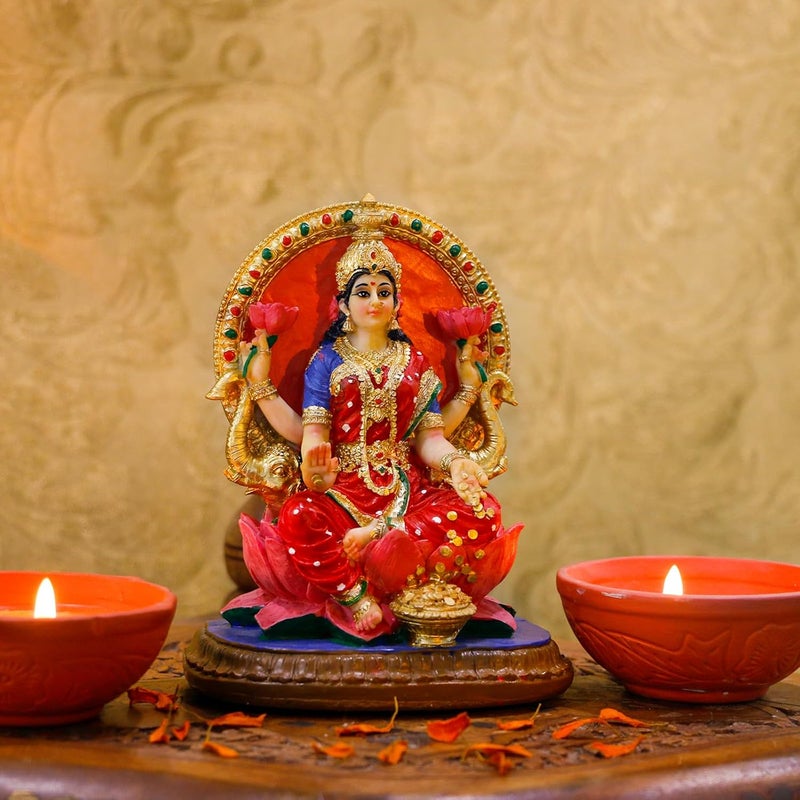 alikiki Indian Lakshmi Idol Statue - 5.1”H Hindu Goddess Laxmi MATA Murti India Pooja Item Home Office Temple Mandir Shrine Altar Diwali Puja Spiritual Decor Ideal Gifts for Indian Friend Relative - Image 3