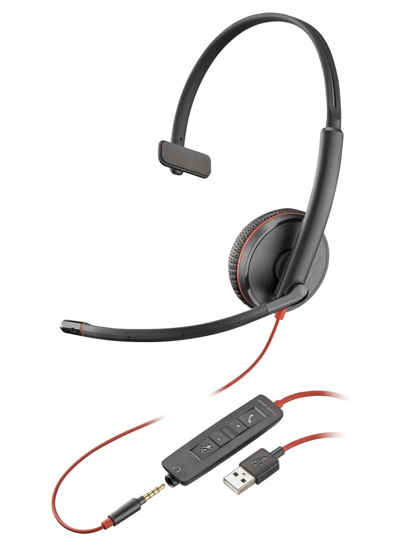 سماعة رأس Blackwire 3215 أحادية الأذن بمنفذ USB-A - ميكروفون عازل للضوضاء، معادل ديناميكي، اتصال USB-A/USB Type-C/3.5 مم، على الأذن (أحادية الأذن)، عصابة رأس معدنية خفيفة الوزن، وسائد أذن إسفنجية، متوافقة مع Windows 10/11 وmacOS، حماية صوتية، وزن 87 جرام (مع كابل) | 80S06A6 - Image 1