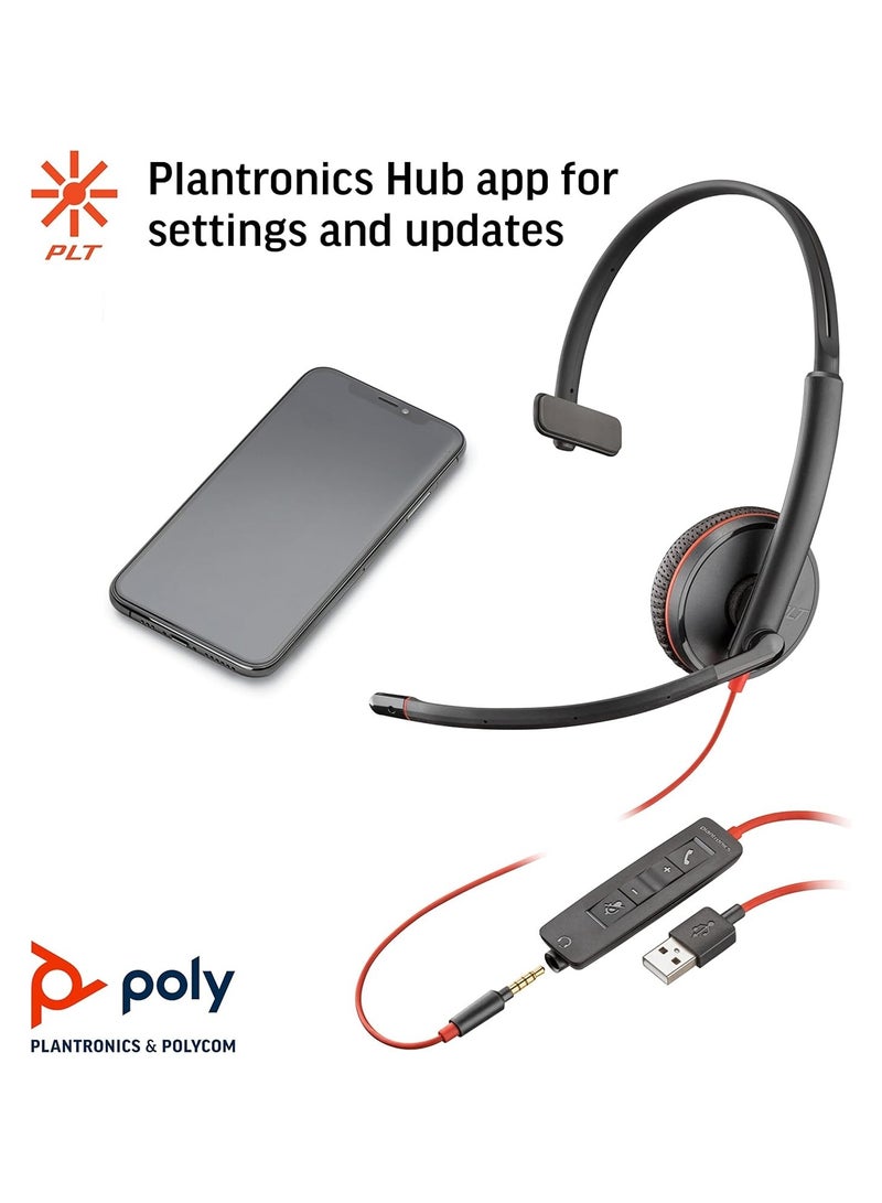 سماعة رأس Blackwire 3215 أحادية الأذن بمنفذ USB-A - ميكروفون عازل للضوضاء، معادل ديناميكي، اتصال USB-A/USB Type-C/3.5 مم، على الأذن (أحادية الأذن)، عصابة رأس معدنية خفيفة الوزن، وسائد أذن إسفنجية، متوافقة مع Windows 10/11 وmacOS، حماية صوتية، وزن 87 جرام (مع كابل) | 80S06A6 - Image 3