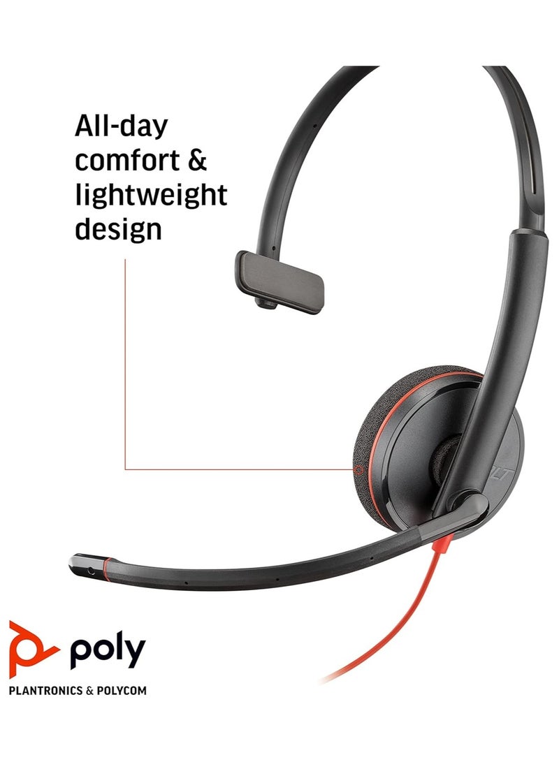 سماعة رأس Blackwire 3215 أحادية الأذن بمنفذ USB-A - ميكروفون عازل للضوضاء، معادل ديناميكي، اتصال USB-A/USB Type-C/3.5 مم، على الأذن (أحادية الأذن)، عصابة رأس معدنية خفيفة الوزن، وسائد أذن إسفنجية، متوافقة مع Windows 10/11 وmacOS، حماية صوتية، وزن 87 جرام (مع كابل) | 80S06A6 - Image 4