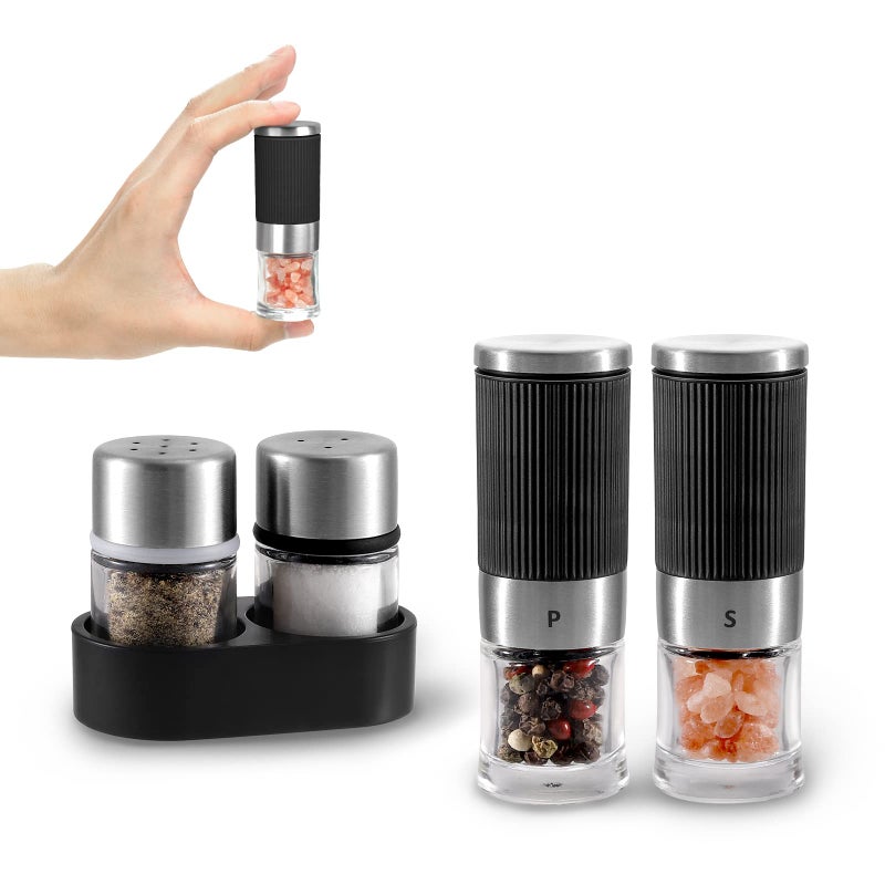 VEVOK CHEF Mini Salt and Pepper Grinder set with 2 Small Salt and Pepper Shakers Portable Cute Tiny Spice Grinder Pepper Mill Salt Grinder for Travel Work Camping Party School Lunch Box