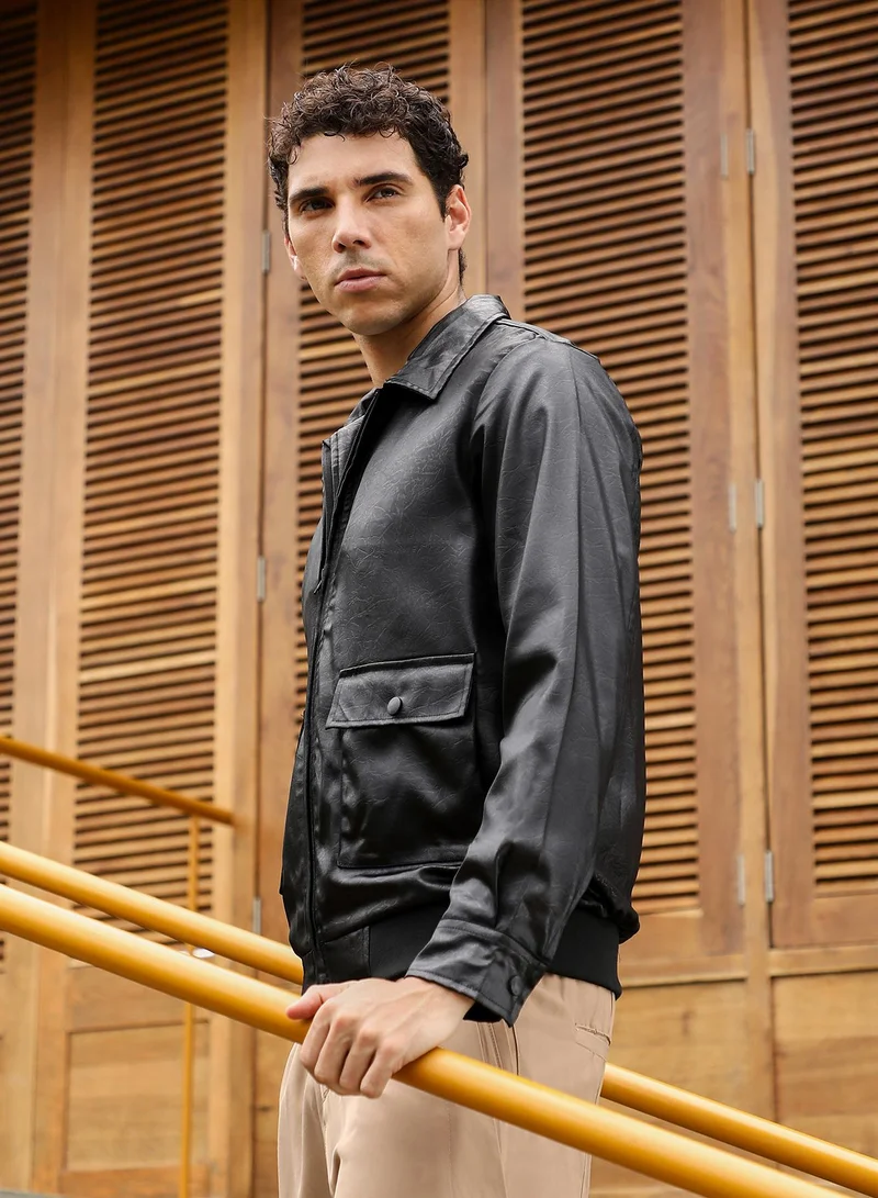 CAHOOT  Men's Onyx Black Zip-Front Embossed Jacket for Men | Best Price UAE