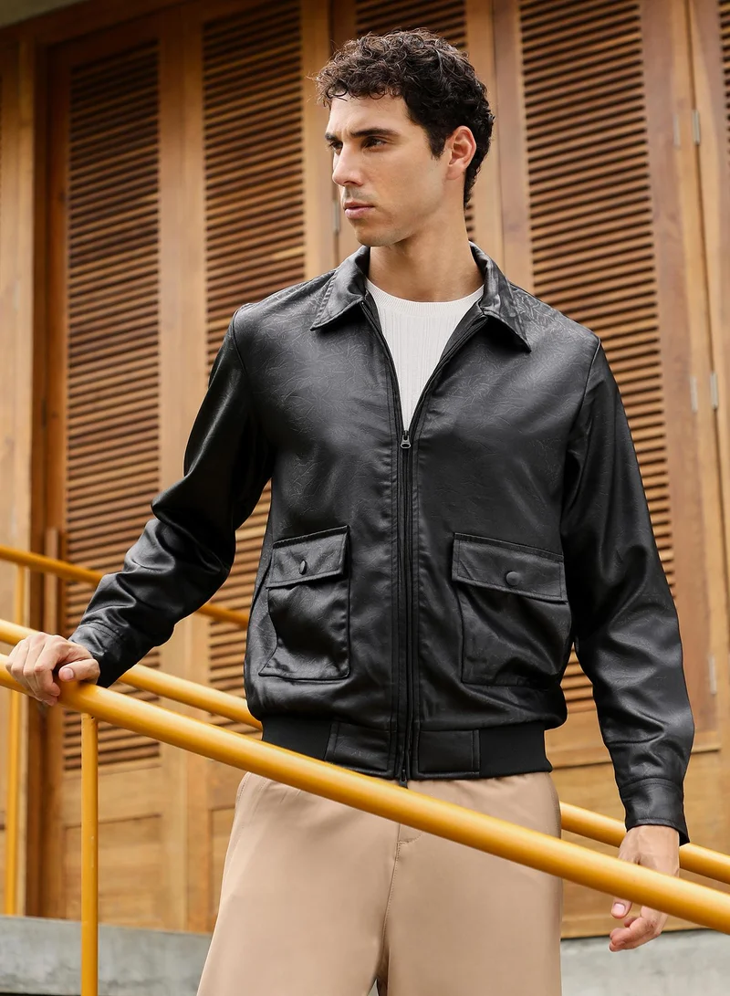 Campus Sutra Men Zip-Front Embossed Jacket | ,   |  ,  Hem |  Coated | Woven Fabric For  Wear | Onyx Black