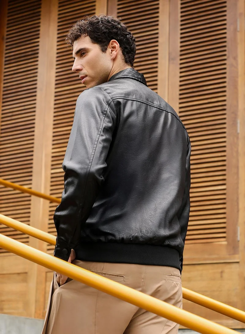 CAHOOT  Men's Onyx Black Zip-Front Embossed Jacket for Men | Best Price UAE