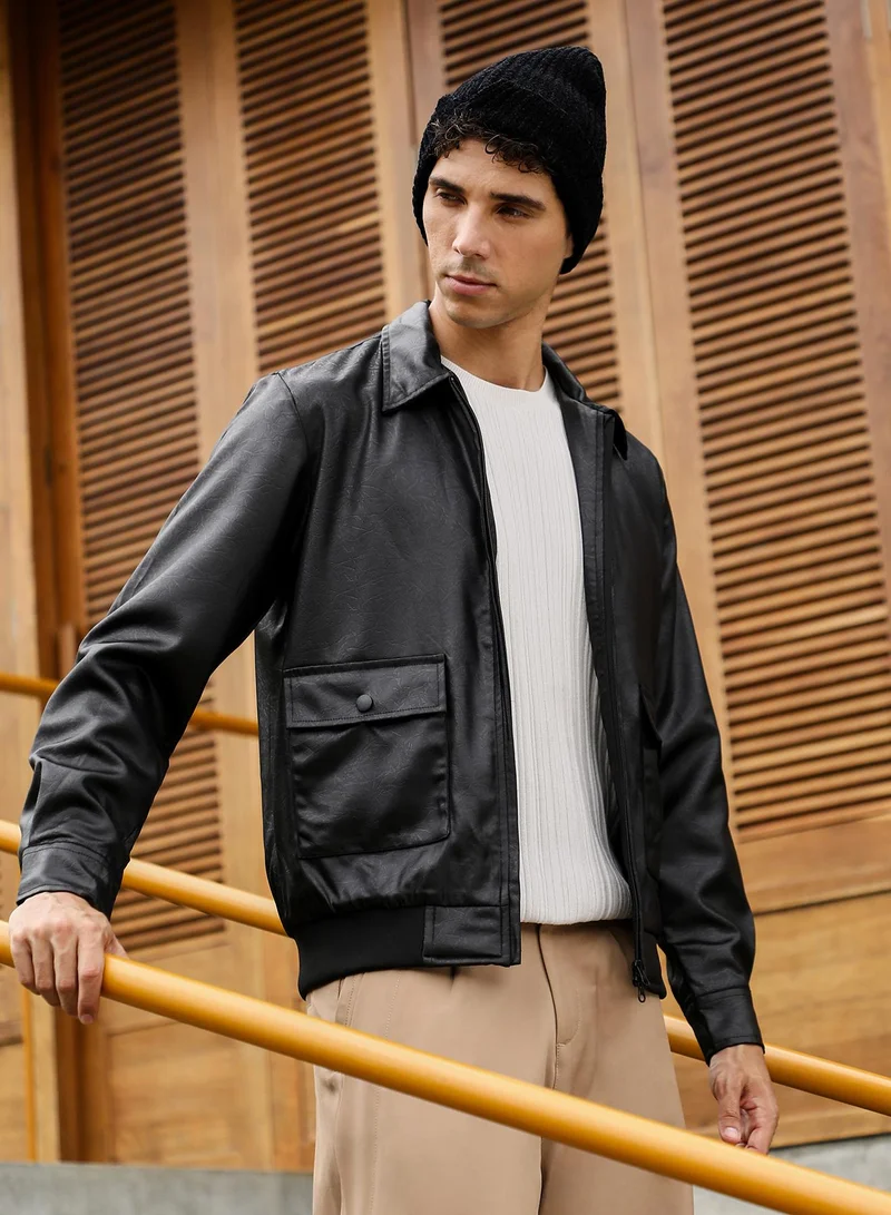 Campus Sutra Men Zip-Front Embossed Jacket | ,   |  ,  Hem |  Coated | Woven Fabric For  Wear | Onyx Black