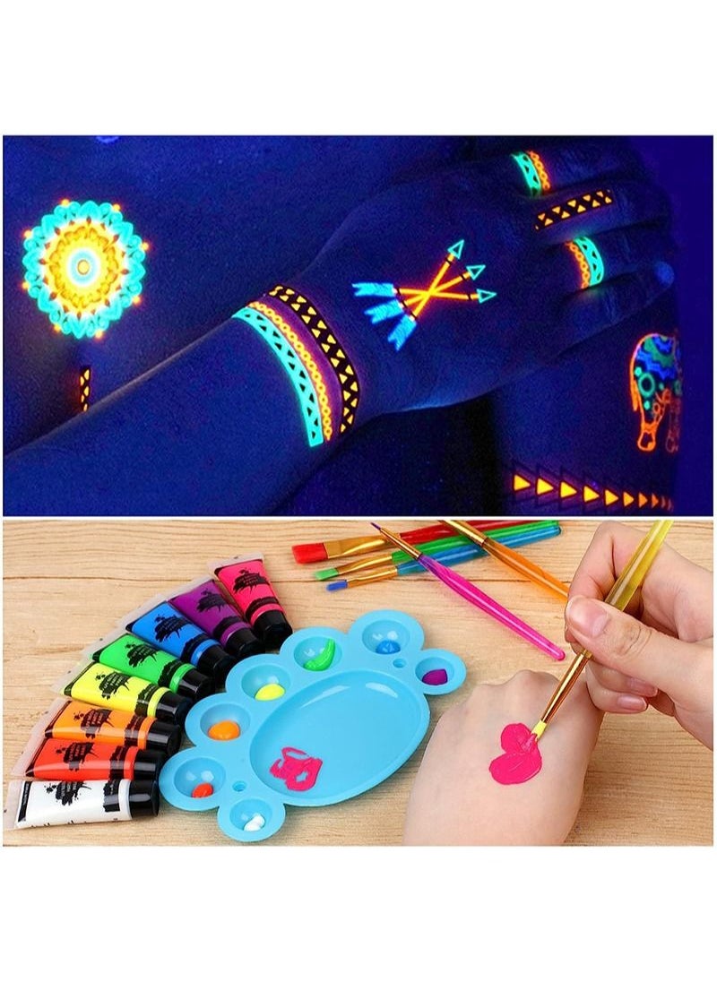 Aikanbo UV Glow Black Light Neon Face and Body Paint, 8 Tubes of 10ml Glow in the Dark Body Paint Each, Neon Fluorescent Glow in the Dark Party Supplies (Contains 6 Brushes and Palette)  - Image 3