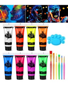 Aikanbo UV Glow Black Light Neon Face and Body Paint, 8 Tubes of 10ml Glow in the Dark Body Paint Each, Neon Fluorescent Glow in the Dark Party Supplies (Contains 6 Brushes and Palette)  - Image 1