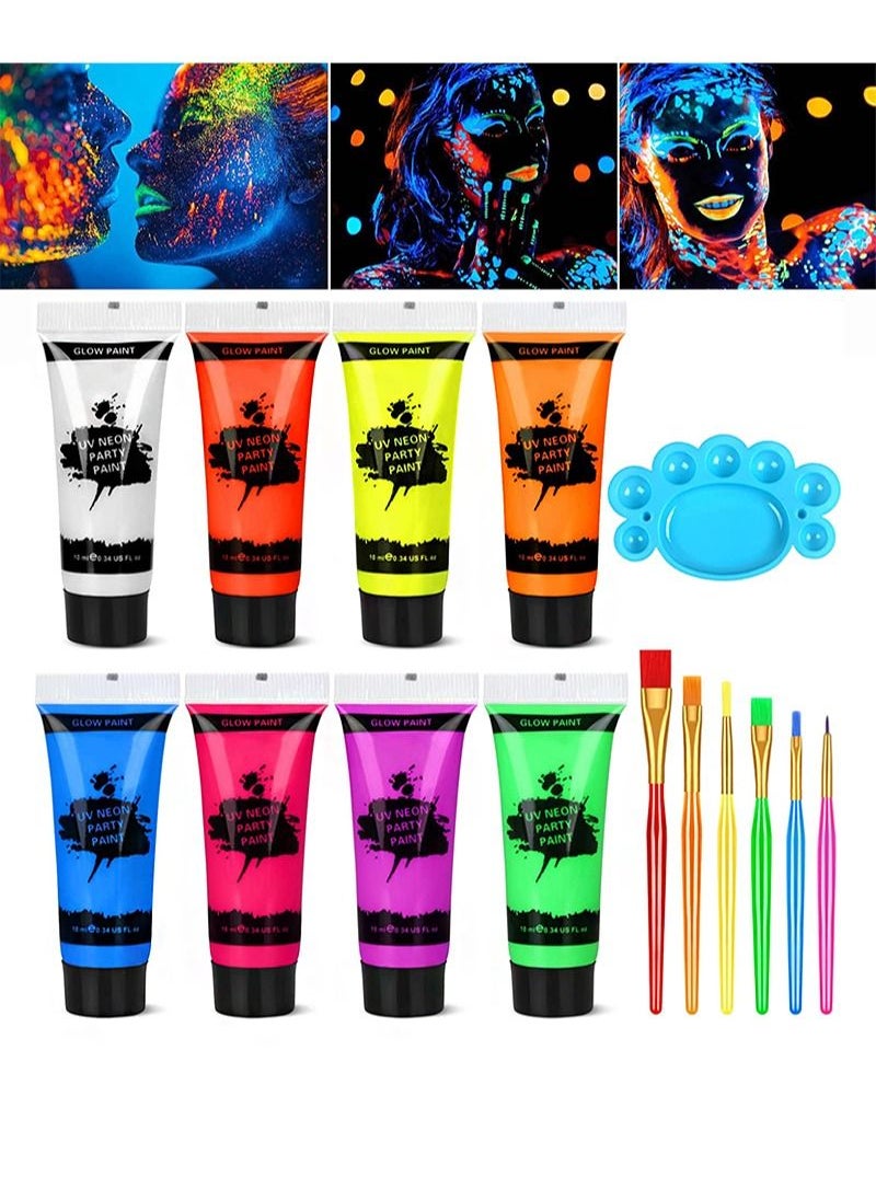 Aikanbo UV Glow Black Light Neon Face and Body Paint, 8 Tubes of 10ml Glow in the Dark Body Paint Each, Neon Fluorescent Glow in the Dark Party Supplies (Contains 6 Brushes and Palette)  - Image 1