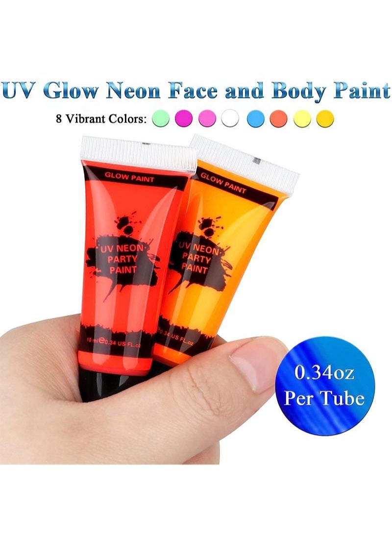 Aikanbo UV Glow Black Light Neon Face and Body Paint, 8 Tubes of 10ml Glow in the Dark Body Paint Each, Neon Fluorescent Glow in the Dark Party Supplies (Contains 6 Brushes and Palette)  - Image 4