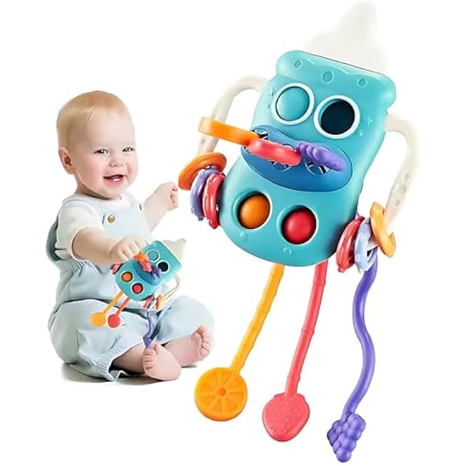 BABY SENSORY PULL TOY  18M+ SOFT SILICONE BOTTLE SHAPE WITH STRING, GRIPPING, PUSH & PULL PLAY  EARLY EDUCATION TOY FOR TODDLERS (BLUE) - Image 1