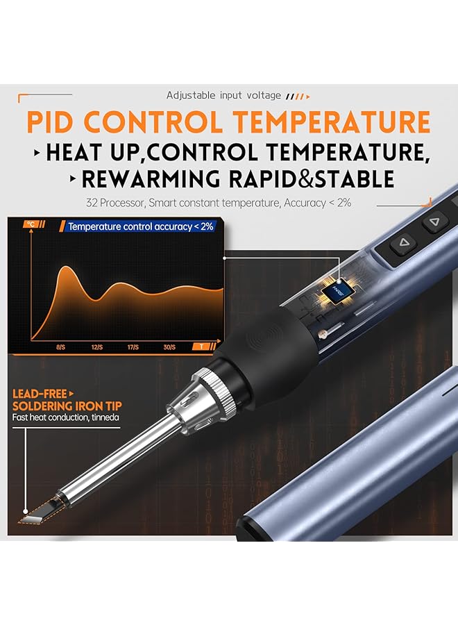 إيروريكس طقم مكواة لحام تيار مستمر PD 96 واط 65 واط مكواة لحام رقمية صغيرة قابلة للتعديل درجة الحرارة 80-420 درجة مئوية 6 رؤوس لحام شاشة OLED رقمية تسخين داخلي سريع وضع السكون التلقائي أزرق - Image 5