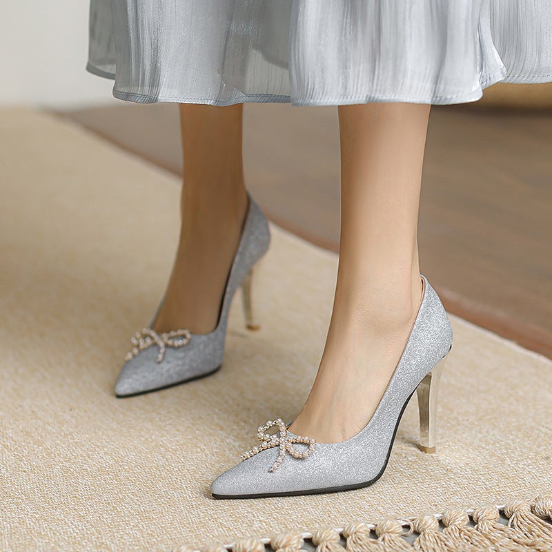 Wish 2024 Spring High Heel Wedding Shoes 32-43 Sequin Pearl Bow Shoes Women - Image 2