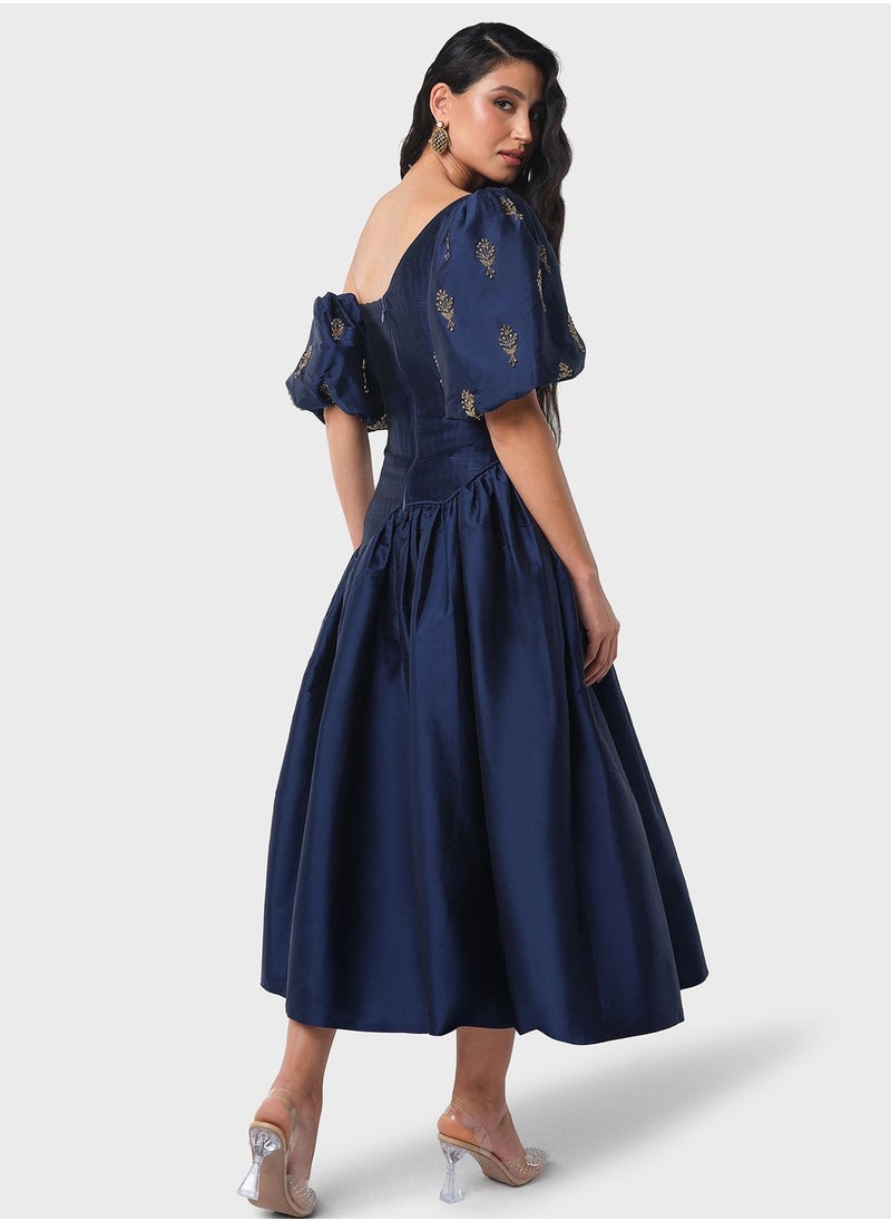 Threadz by Ajooni - Pleated Bodice Asymmetric Neck Dress - Image 1
