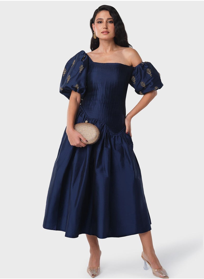 Threadz by Ajooni - Pleated Bodice Asymmetric Neck Dress - Image 1