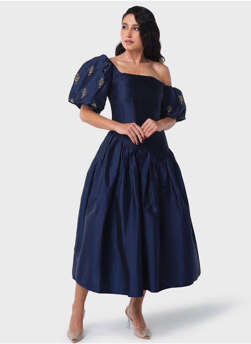 Threadz by Ajooni - Pleated Bodice Asymmetric Neck Dress - Image 1