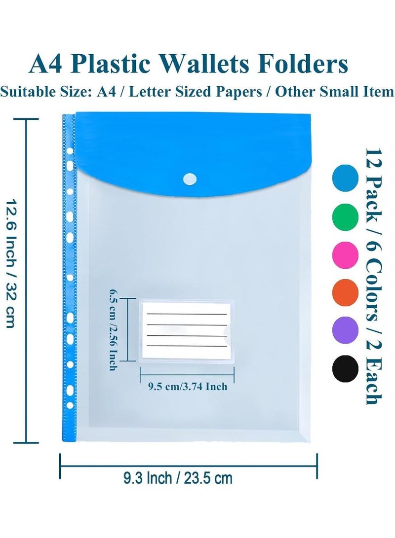 PAPERSAY 12 Pack A4 Plastic Expanding File Folder,Binder Pocket Organizer Folder,Binder Folders with Snap Button and Label,Large Capacity Clear Plastic Envelopes Document Folder for School Home Office - Image 2