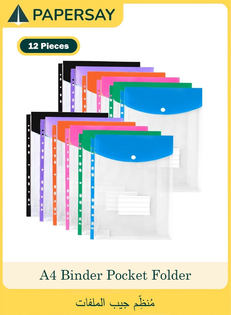 PAPERSAY 12 Pack A4 Plastic Expanding File Folder,Binder Pocket Organizer Folder,Binder Folders with Snap Button and Label,Large Capacity Clear Plastic Envelopes Document Folder for School Home Office - Image 1