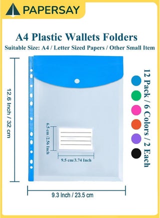 12 Pack A4 Plastic Expanding File Folder,Binder Pocket Organizer Folder,Binder Folders with Snap Button and Label,Large Capacity Clear Plastic Envelopes Document Folder for School Home Office - view 2