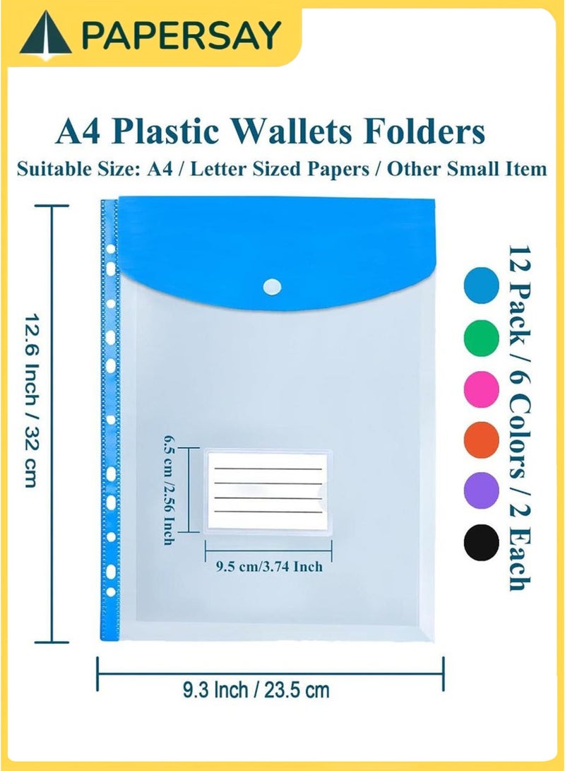 PAPERSAY 12 Pack A4 Plastic Expanding File Folder,Binder Pocket Organizer Folder,Binder Folders with Snap Button and Label,Large Capacity Clear Plastic Envelopes Document Folder for School Home Office - Image 2