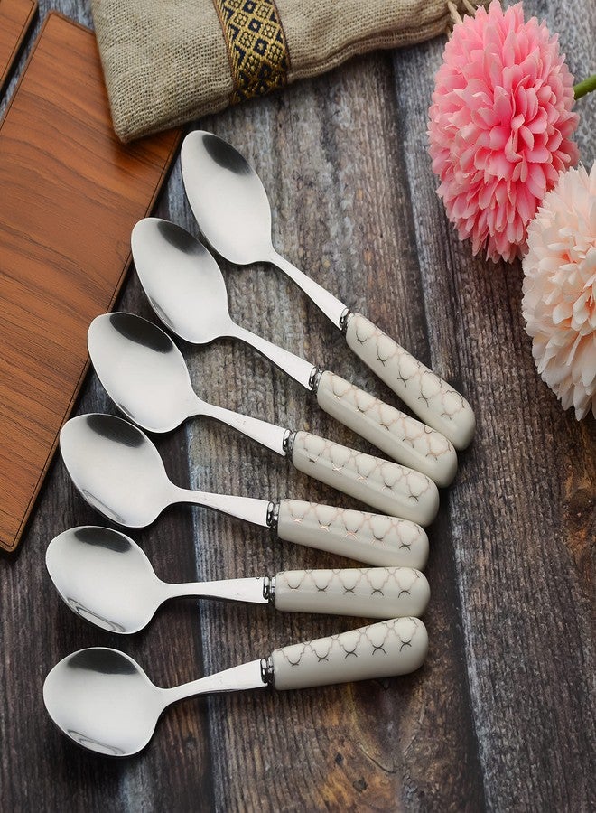 MGeezz Stainless Steel Spoons Set for Home Kitchen & Restaurant Cutlery Dinner Table Bouillon Spoon Oval Edge with Ceramic Handle Tableware Serving Spoons (Small Spoon Set of 6) - Image 3