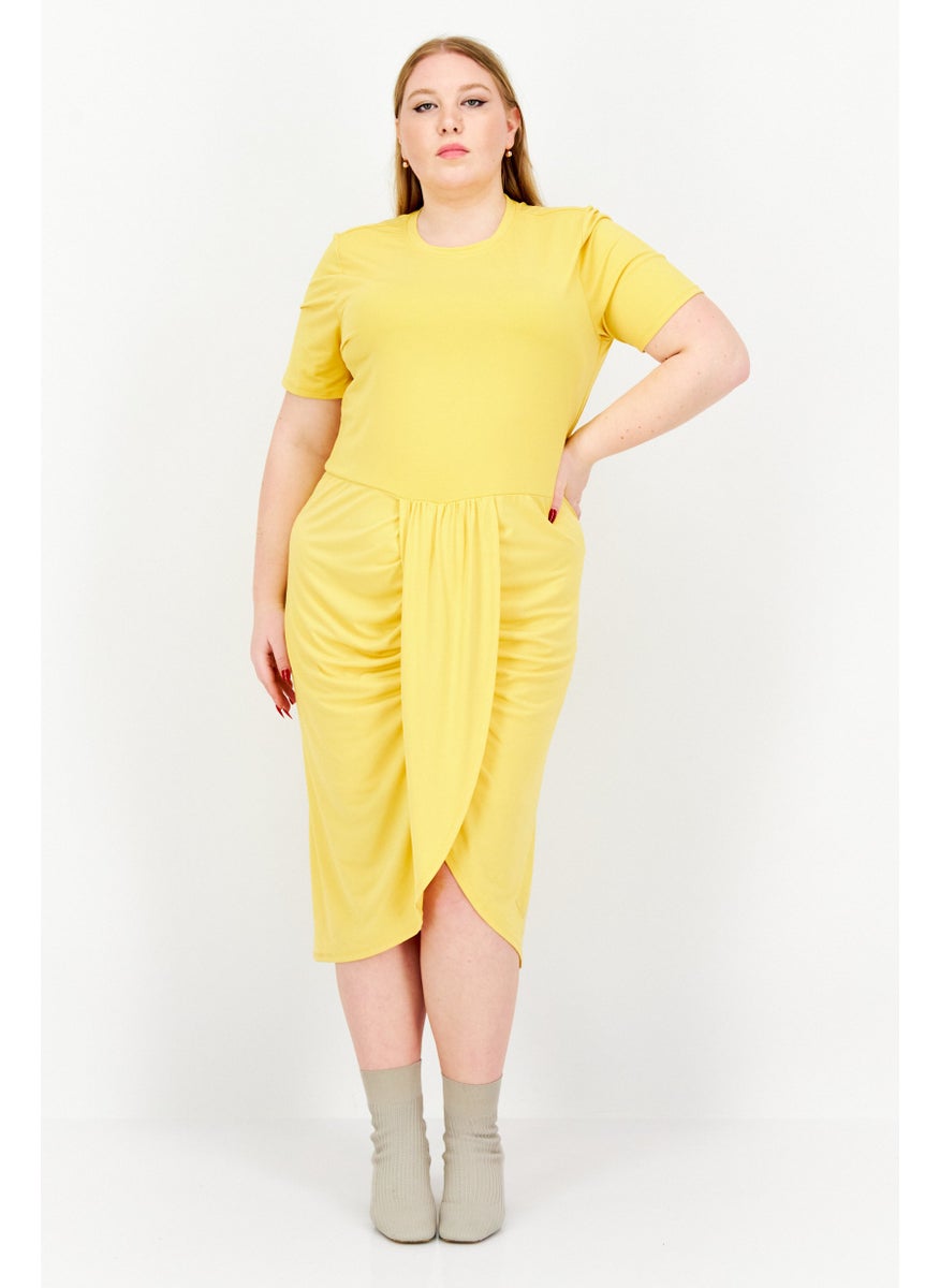 Women Plus Size Solid Faux-Wrap Dress, Yellow - pzsku/ZB0E0D1258684532E80F9Z/45/_/1732780763/6af5c227-3c5a-4f3c-863d-506691fb9fa5