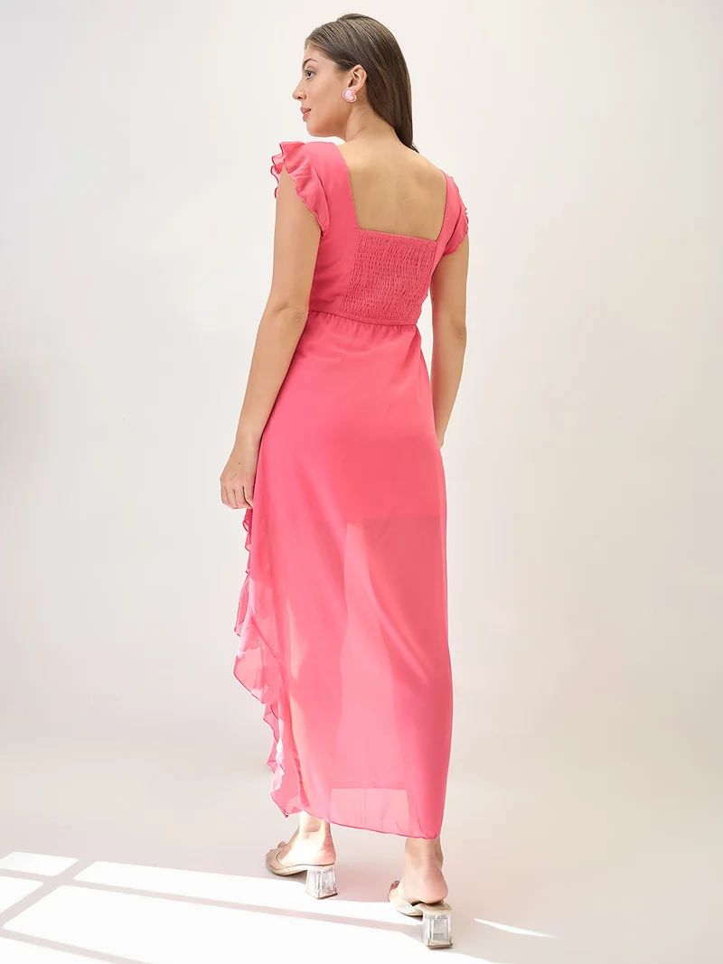globus Women Square Neck Cap Sleeves Asymmetric Ruffle Hem Maxi A-Line Dress
