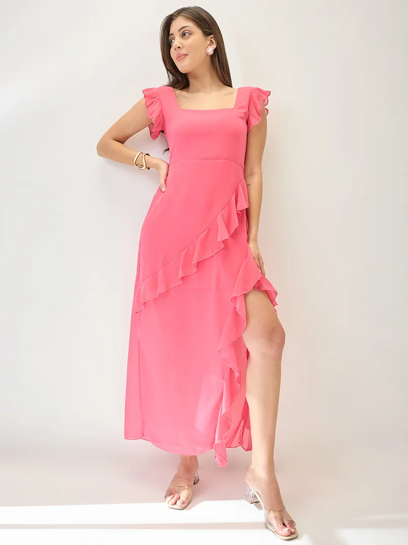 globus Women Square Neck Cap Sleeves Asymmetric Ruffle Hem Maxi A-Line Dress