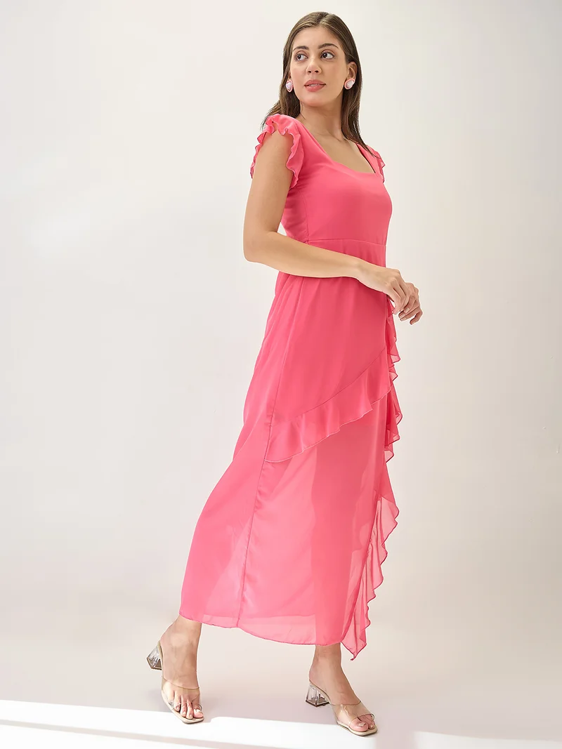 globus Women Square Neck Cap Sleeves Asymmetric Ruffle Hem Maxi A-Line Dress