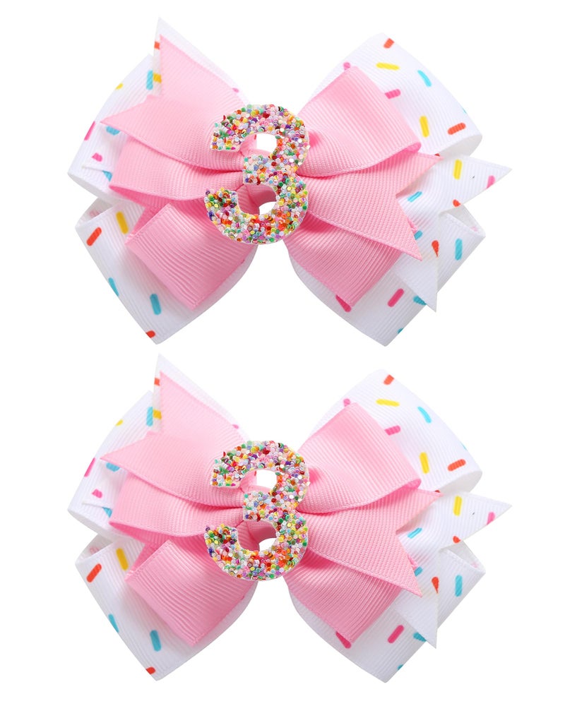 Fancheer 2Pcs Birthday Hair Bow for Baby Girls 2 3 4 5 6 7 Years Sprinkle Decorations Confetti Ice Cream Party Pink Pigtail Hair Accessories for Three 3rd Third Birthday - Image 1