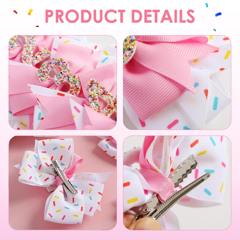 Fancheer 2Pcs Birthday Hair Bow for Baby Girls 2 3 4 5 6 7 Years Sprinkle Decorations Confetti Ice Cream Party Pink Pigtail Hair Accessories for Three 3rd Third Birthday - Image 3