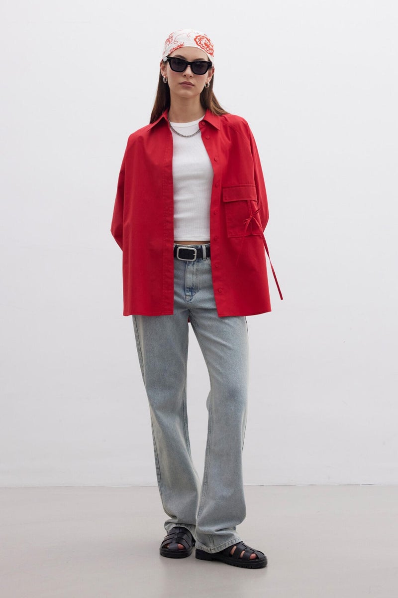 Manuka Pocket Tie Detail Shirt Red  - Image 2
