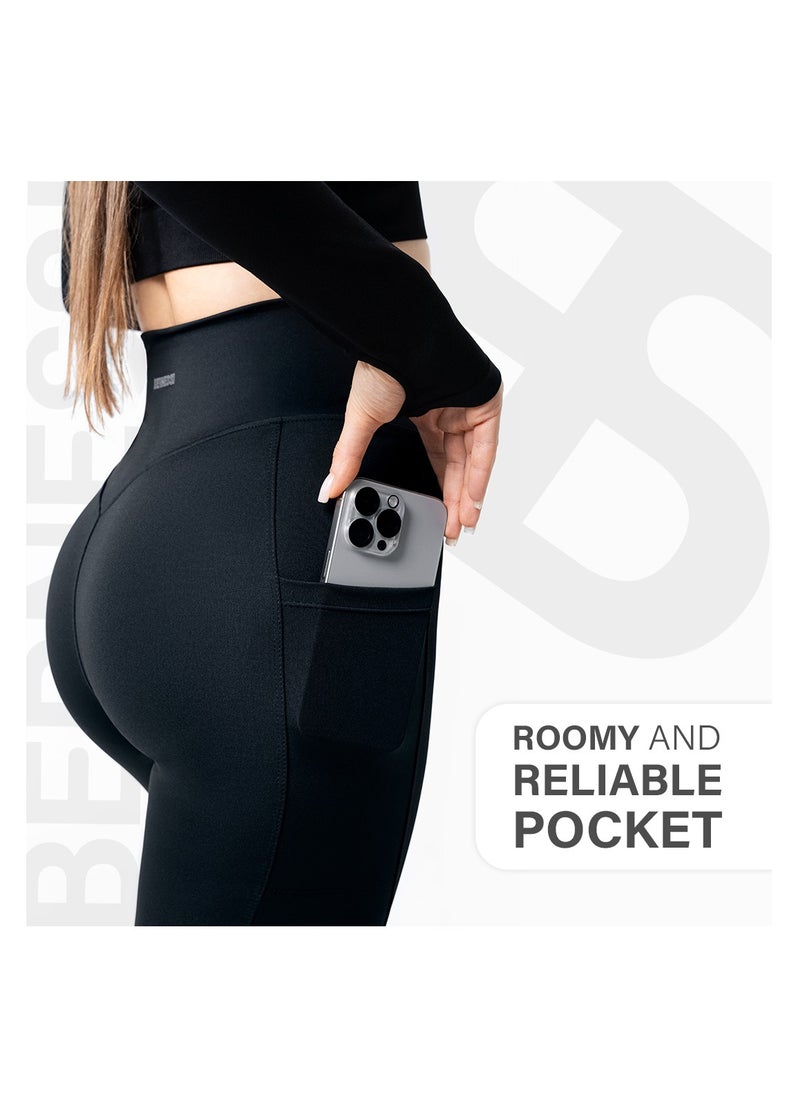 Bernessi Turkiye Leggings for Women with Pockets High Waisted, Soft Gym Athletic Workout Tummy Control Work Tights Yoga Pants with Side Phone Pockets Size S M L for Sports Exercise Running Color Black  - Image 4