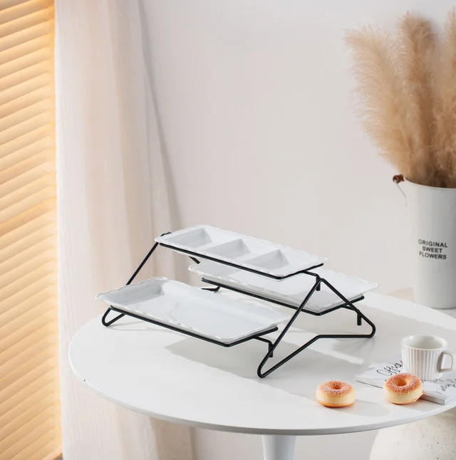 Shallow Shallow Elegant Porcelain 2 Tier Rectangle White Plate with Black Stand (Small Plate 33cm, Large Plate 36cm)