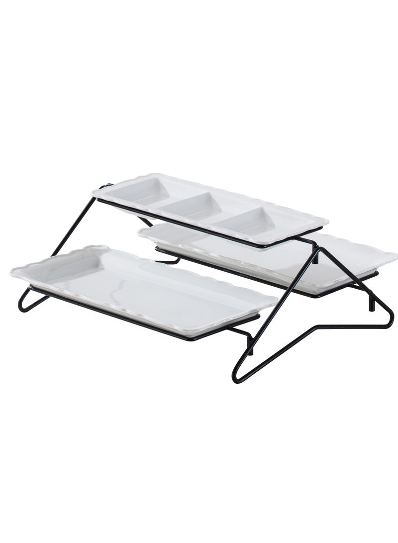 Shallow Elegant Porcelain 2 Tier Rectangle White Plate with Black Stand (Small Plate 33cm, Large Plate 36cm) - Image 1