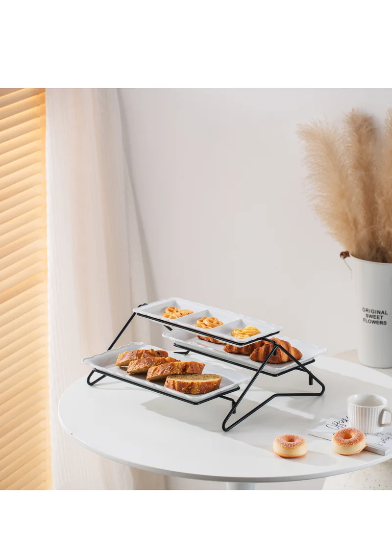 Shallow Shallow Elegant Porcelain 2 Tier Rectangle White Plate with Black Stand (Small Plate 33cm, Large Plate 36cm)